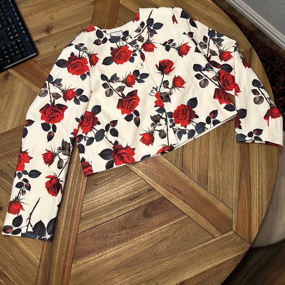 MOTF Cream Jacket with Red and Black Floral Design